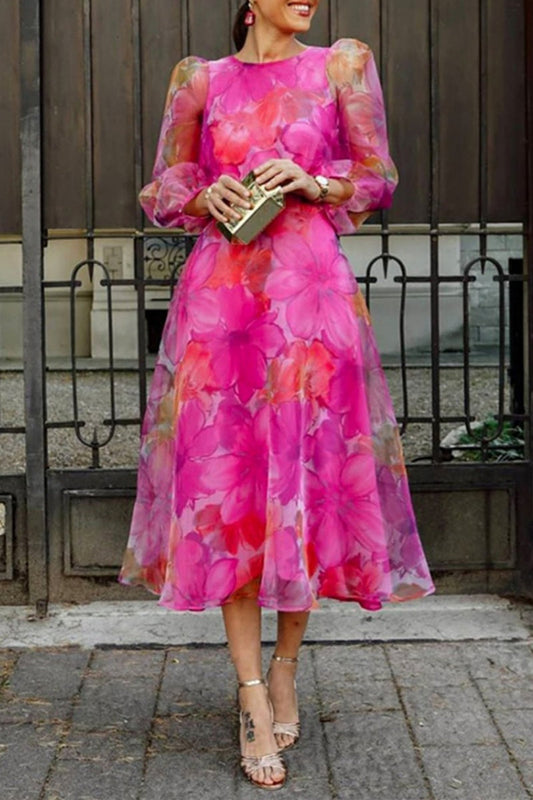Vestidos casuales de manga larga con cuello redondo y estampado de patchwork
