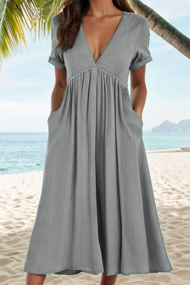 Vestidos casuales de corte A con cuello en V, bolsillos y pliegues sólidos