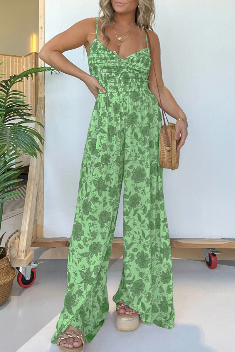 Mono holgado informal con cuello en V, estampado vintage de flores