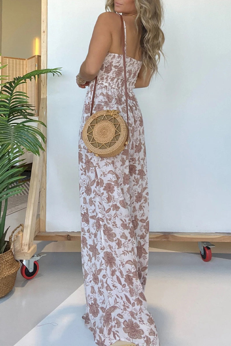 Mono holgado informal con cuello en V, estampado vintage de flores