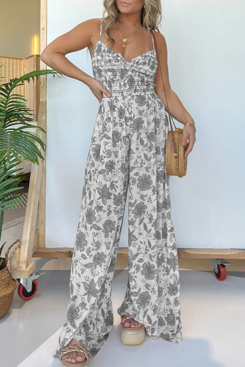 Mono holgado informal con cuello en V, estampado vintage de flores