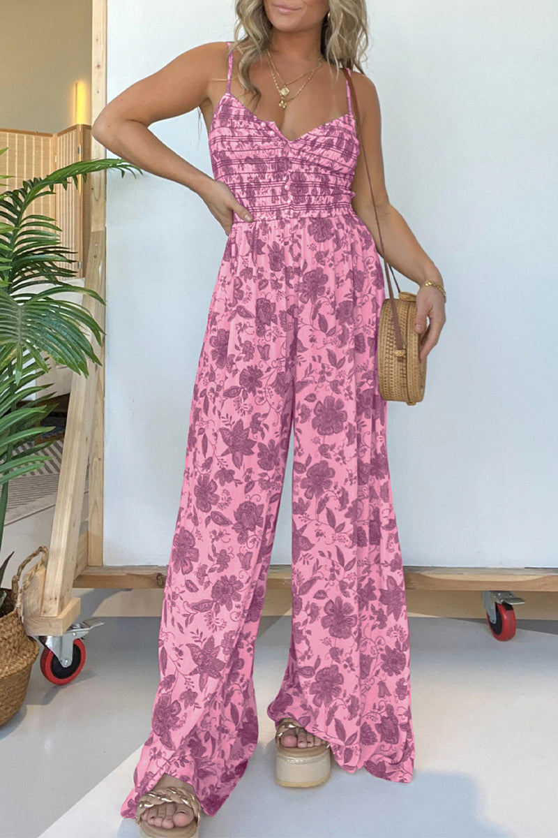 Mono holgado informal con cuello en V, estampado vintage de flores