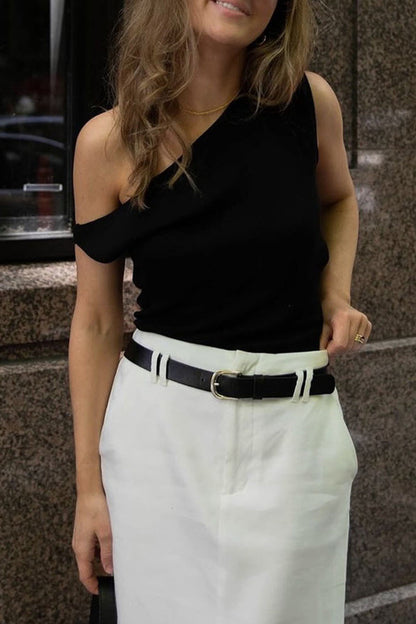 Camisetas elegantes de cuello oblicuo con patchwork liso de celebridades