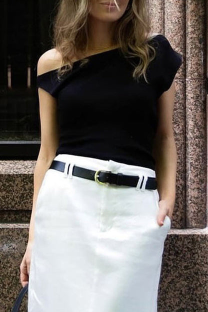 Camisetas elegantes de cuello oblicuo con patchwork liso de celebridades