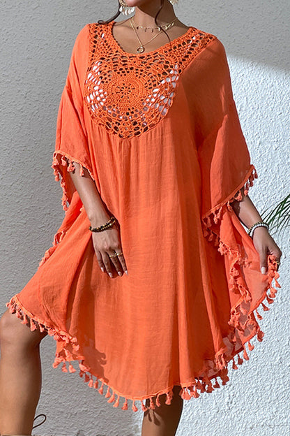 Sexy Vacation Solid Hook Flower Tassel Hollowed Out Swimwears Cover Up