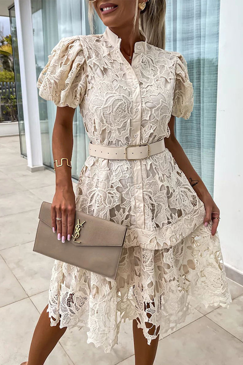 Elegante vestido de corte A con botones ahuecados, cinturón y cuello vuelto