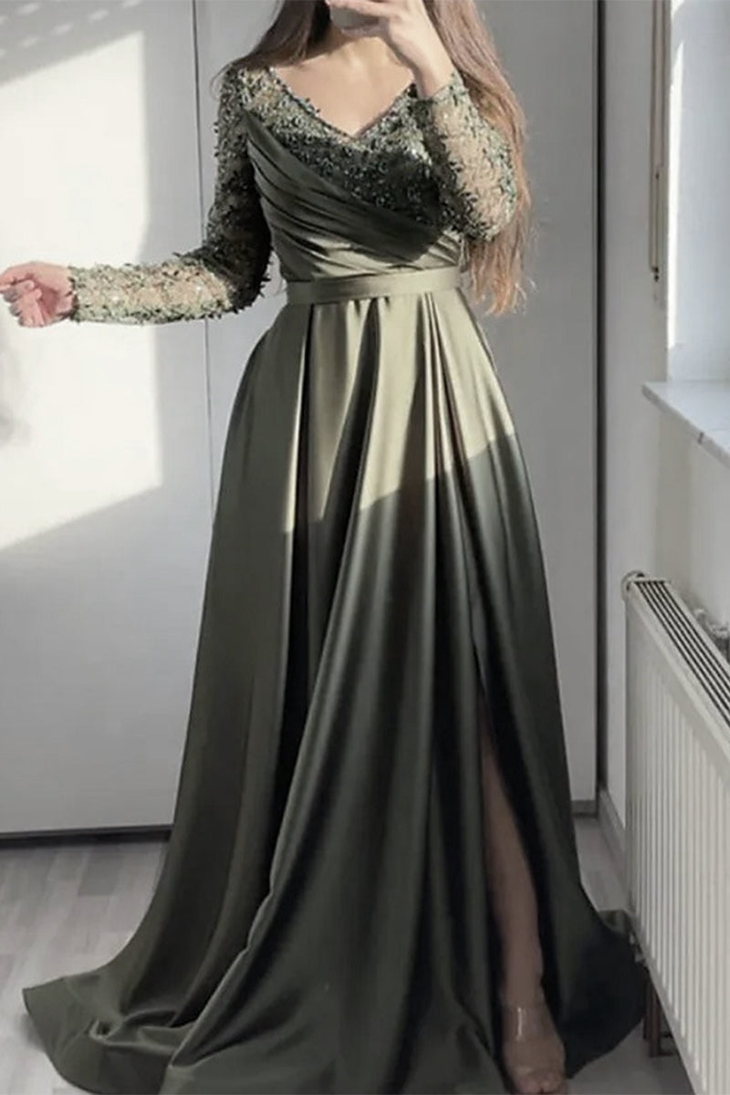 Elegante vestido de noche formal de encaje liso con volantes y escote en V