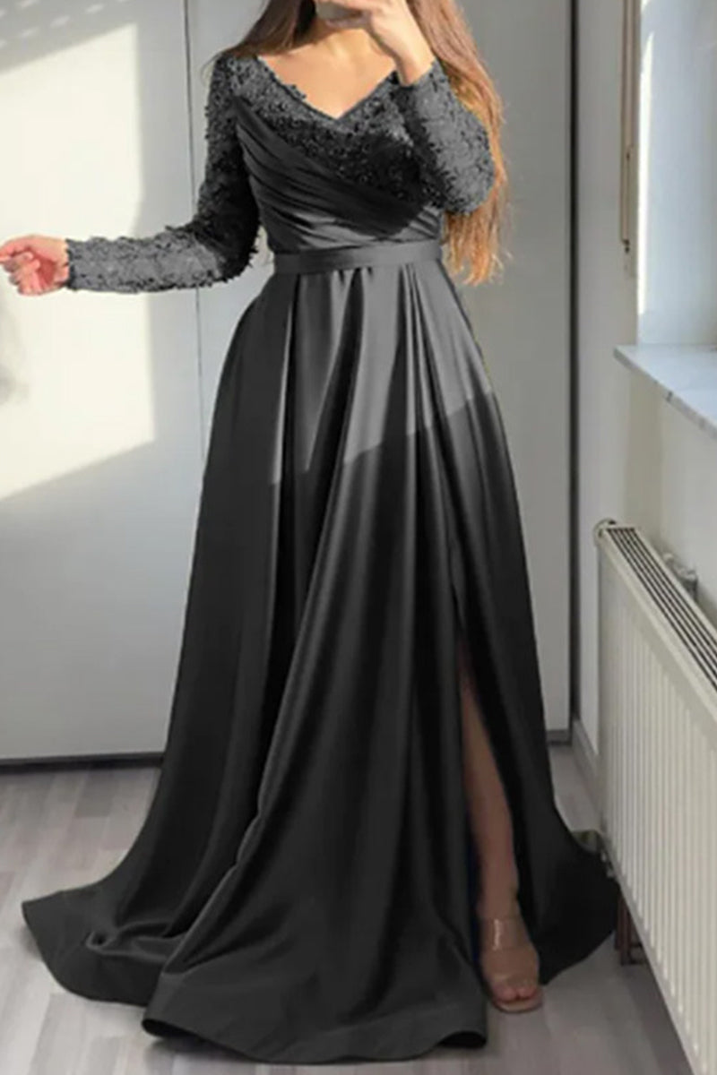 Elegante vestido de noche formal de encaje liso con volantes y escote en V