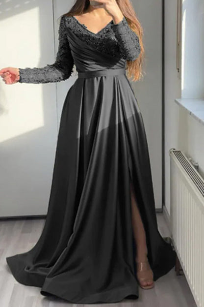 Elegante vestido de noche formal de encaje liso con volantes y escote en V