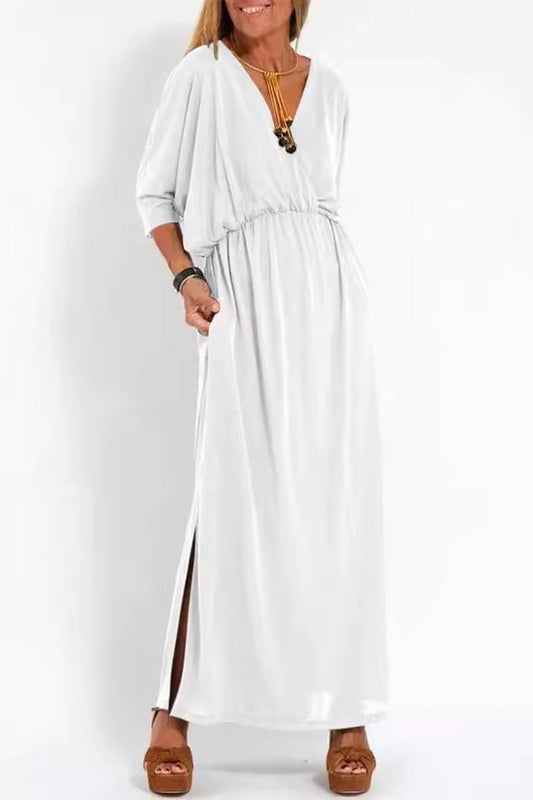 Vestidos casuales sencillos de corte A con escote en V y bolsillos sólidos