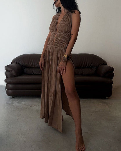 Vestidos de playa sexys, bohemios, lisos, con abertura y escote en V