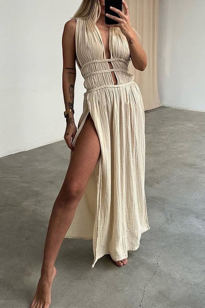 Vestidos de playa sexys, bohemios, lisos, con abertura y escote en V