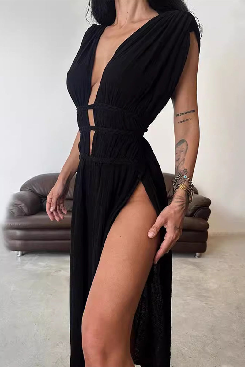 Vestidos de playa sexys, bohemios, lisos, con abertura y escote en V