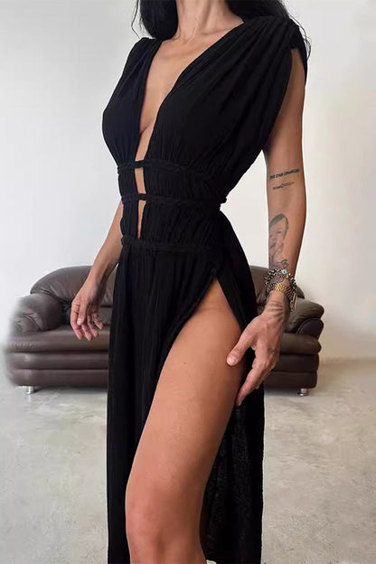 Vestidos de playa sexys, bohemios, lisos, con abertura y escote en V