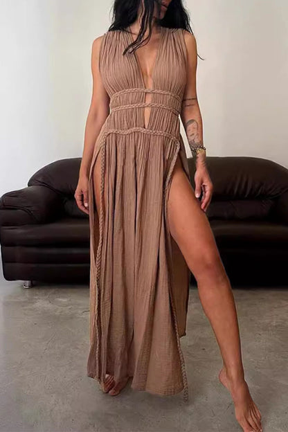 Vestidos de playa sexys, bohemios, lisos, con abertura y escote en V