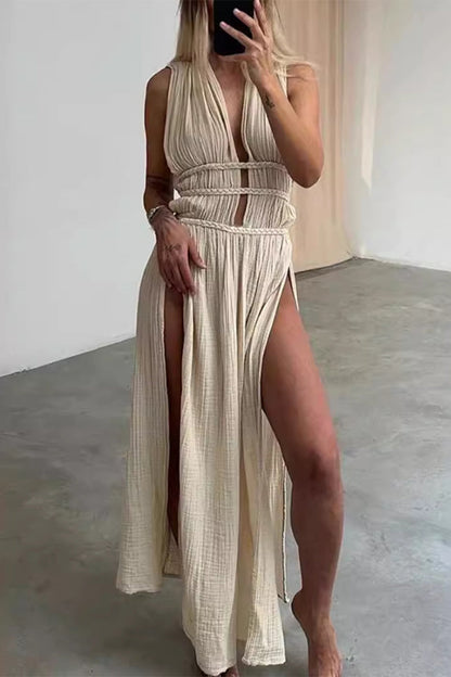 Vestidos de playa sexys, bohemios, lisos, con abertura y escote en V