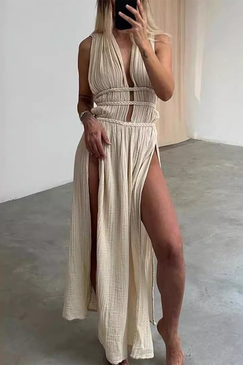 Vestidos de playa sexys, bohemios, lisos, con abertura y escote en V