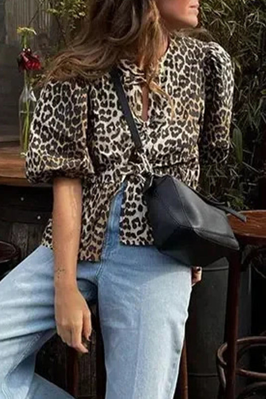 Blusas sexys con cuello redondo y frenillo de leopardo con estampado vintage