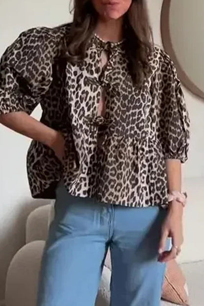 Blusas sexys con cuello redondo y frenillo de leopardo con estampado vintage