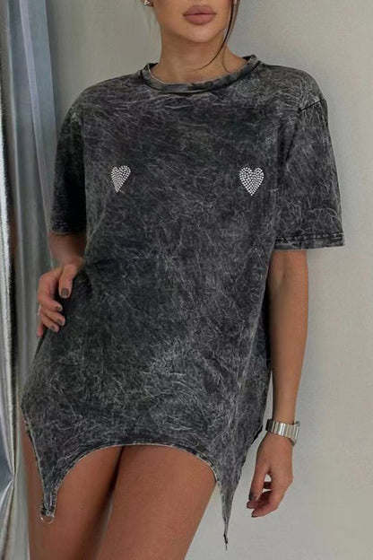 Camisetas informales con cuello redondo, asimétricas y con letras en forma de corazón