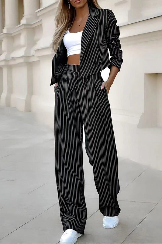 Conjunto informal de dos piezas con cuello vuelto, manga larga y bolsillos a rayas de estilo británico (3 colores)