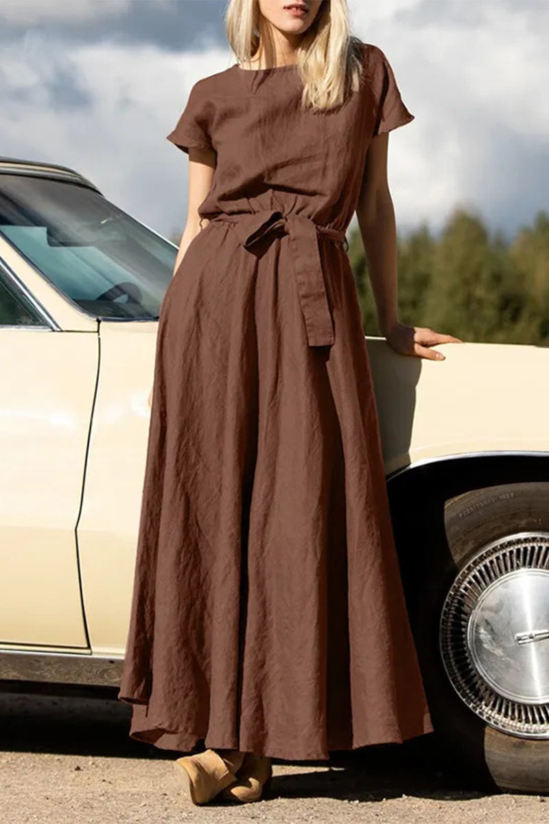 Vestidos elegantes de corte A con escote redondo, bolsillos y vendaje liso.