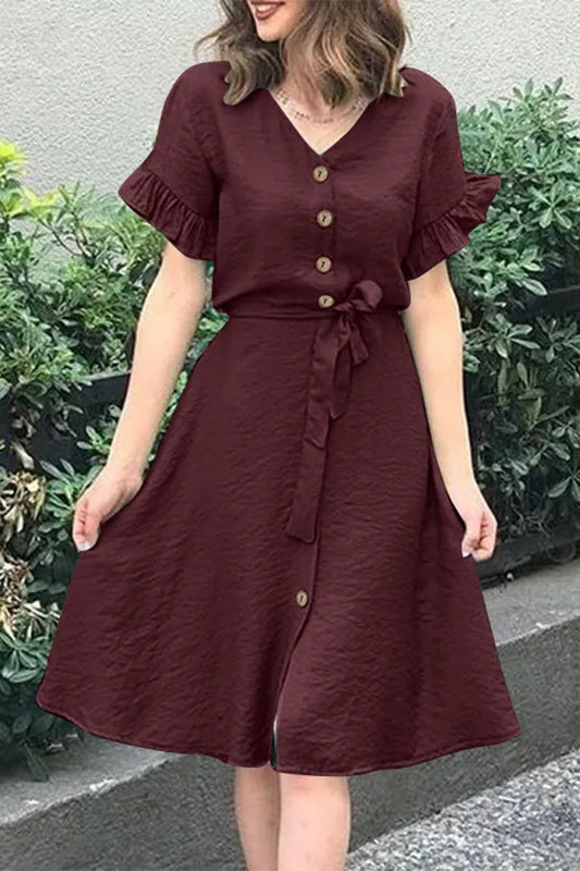 Vestidos casuales sencillos con escote en V, volantes, hebilla y frenillo liso