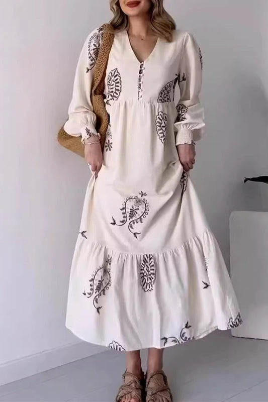 Vestidos casuales vintage con estampado geométrico, hebilla y cuello en V