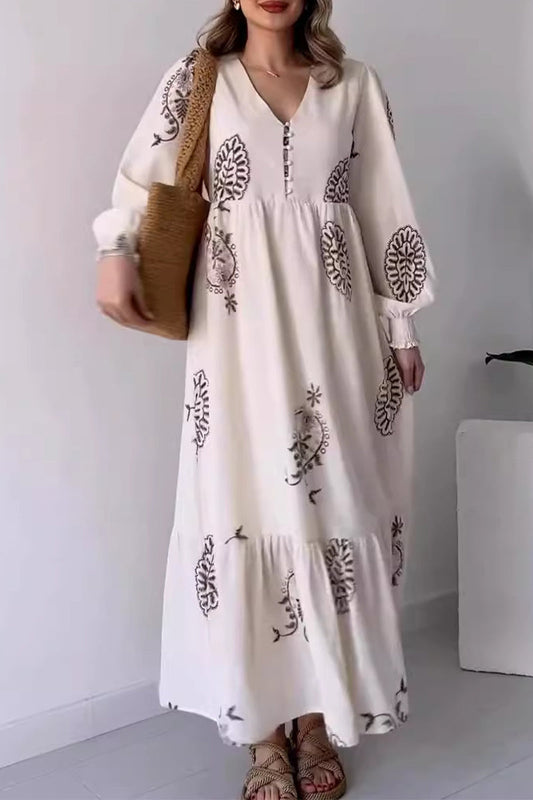 Vestidos casuales vintage con estampado geométrico, hebilla y cuello en V