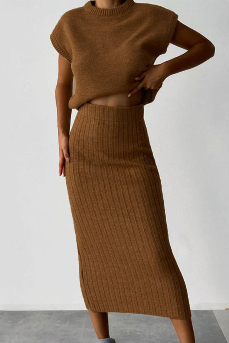 Elegante conjunto de dos piezas con cuello alto, sin mangas y parches sólidos (4 colores)