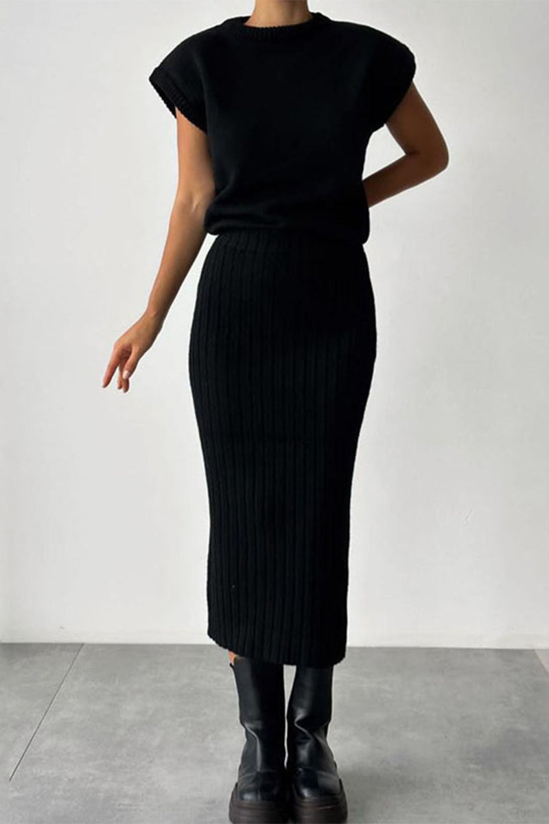 Elegante conjunto de dos piezas con cuello alto, sin mangas y parches sólidos (4 colores)