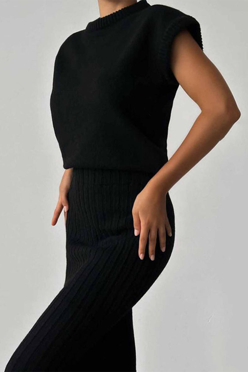 Elegante conjunto de dos piezas con cuello alto, sin mangas y parches sólidos (4 colores)