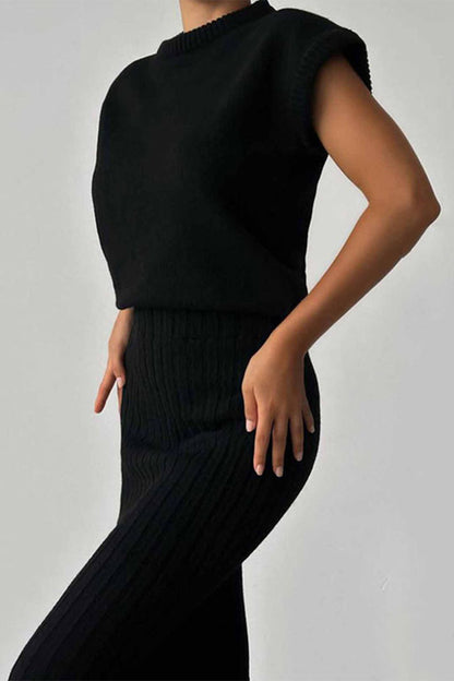 Elegante conjunto de dos piezas con cuello alto, sin mangas y parches sólidos (4 colores)