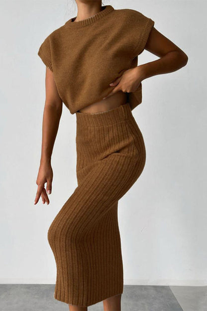 Elegante conjunto de dos piezas con cuello alto, sin mangas y parches sólidos (4 colores)
