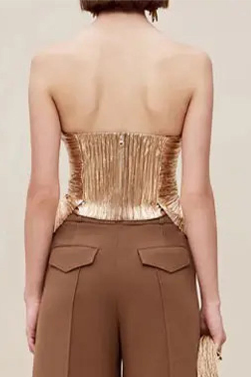 Tops sexys sin tirantes con cremallera y pliegues sólidos