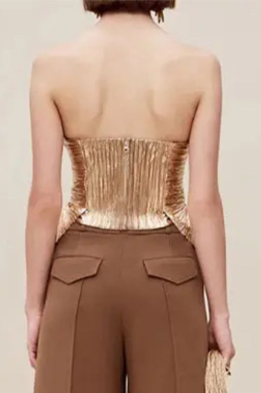 Tops sexys sin tirantes con cremallera y pliegues sólidos