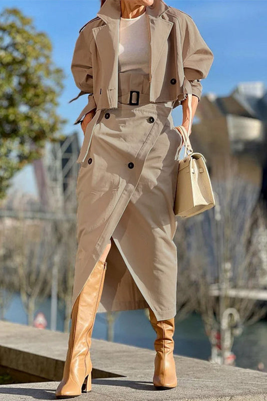 Conjunto de dos piezas elegante de estilo británico con bolsillos sólidos, botones, cuello vuelto, manga larga