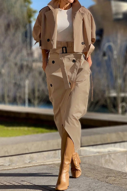 Conjunto de dos piezas elegante de estilo británico con bolsillos sólidos, botones, cuello vuelto, manga larga