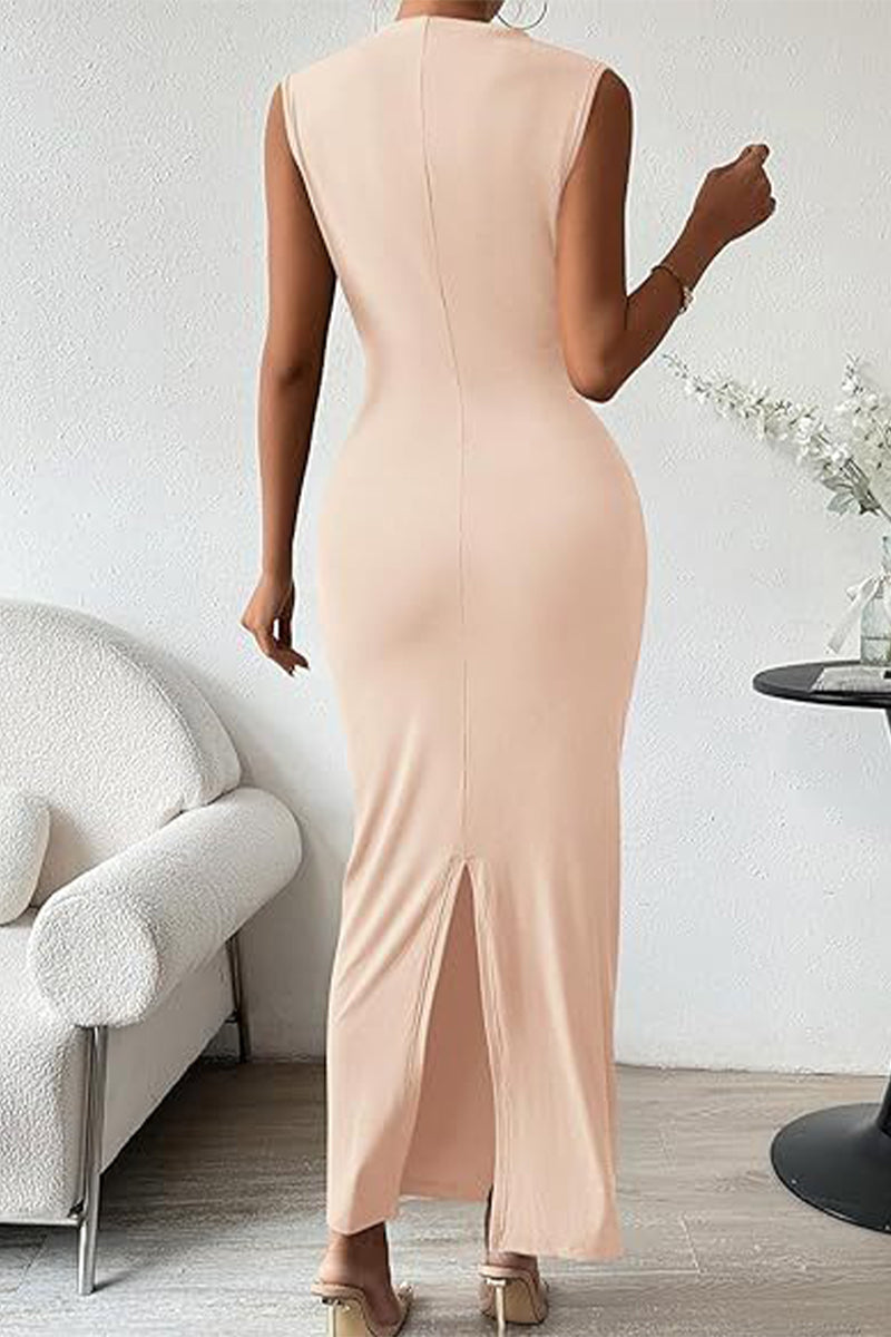 Vestidos de falda de un solo paso con cuello redondo, pliegues sólidos y sexys.