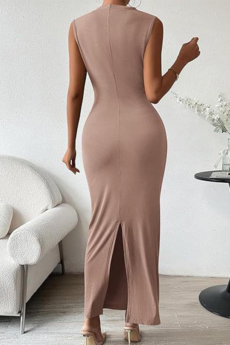 Vestidos de falda de un solo paso con cuello redondo, pliegues sólidos y sexys.