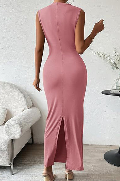 Vestidos de falda de un solo paso con cuello redondo, pliegues sólidos y sexys.
