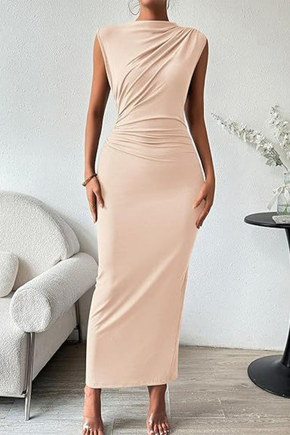 Vestidos de falda de un solo paso con cuello redondo, pliegues sólidos y sexys.