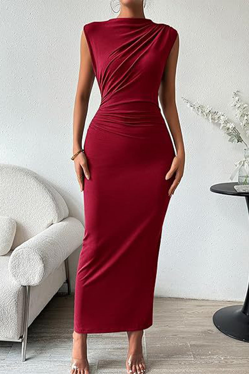 Vestidos de falda de un solo paso con cuello redondo, pliegues sólidos y sexys.