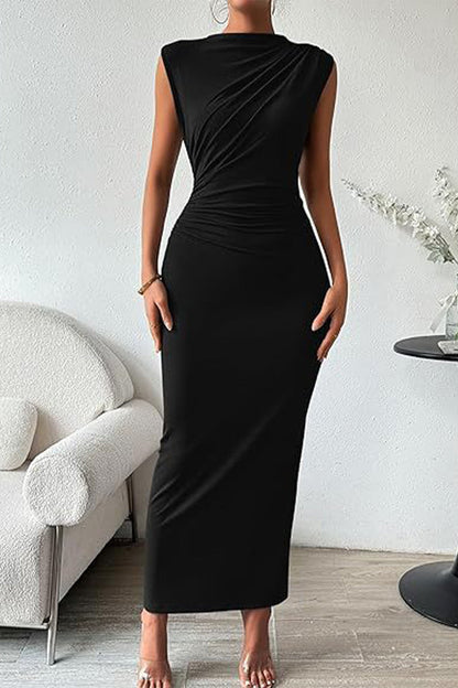 Vestidos de falda de un solo paso con cuello redondo, pliegues sólidos y sexys.