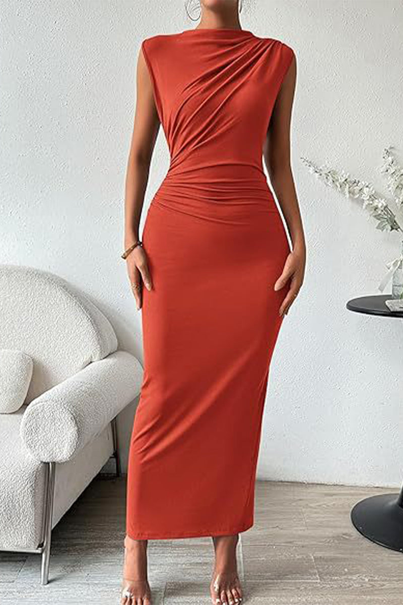 Vestidos de falda de un solo paso con cuello redondo, pliegues sólidos y sexys.