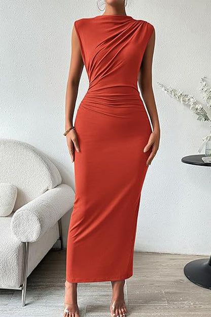 Vestidos de falda de un solo paso con cuello redondo, pliegues sólidos y sexys.