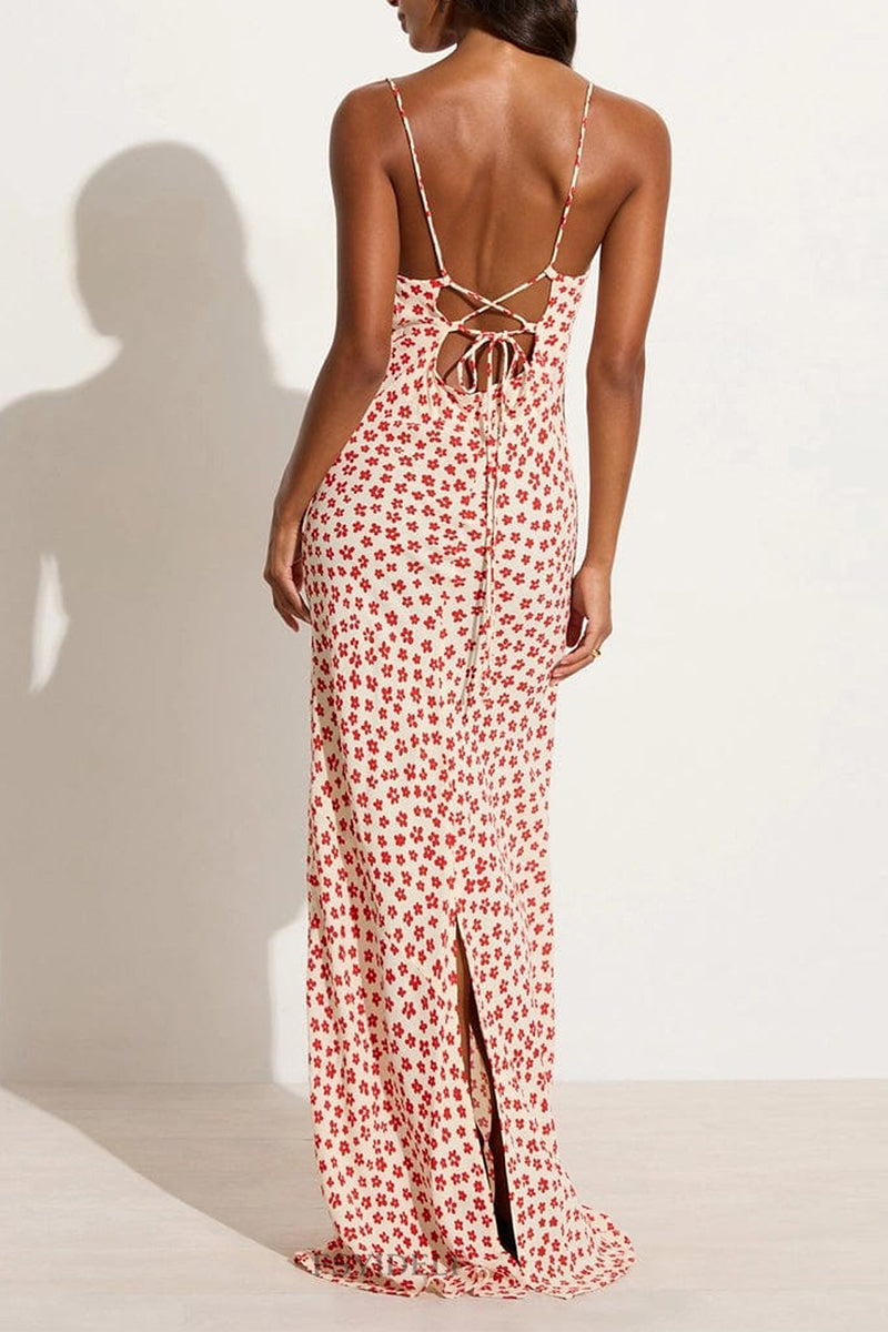Vestido de falda de un solo paso con escote en U y diseño de tirantes sin espalda con estampado floral vintage sexy