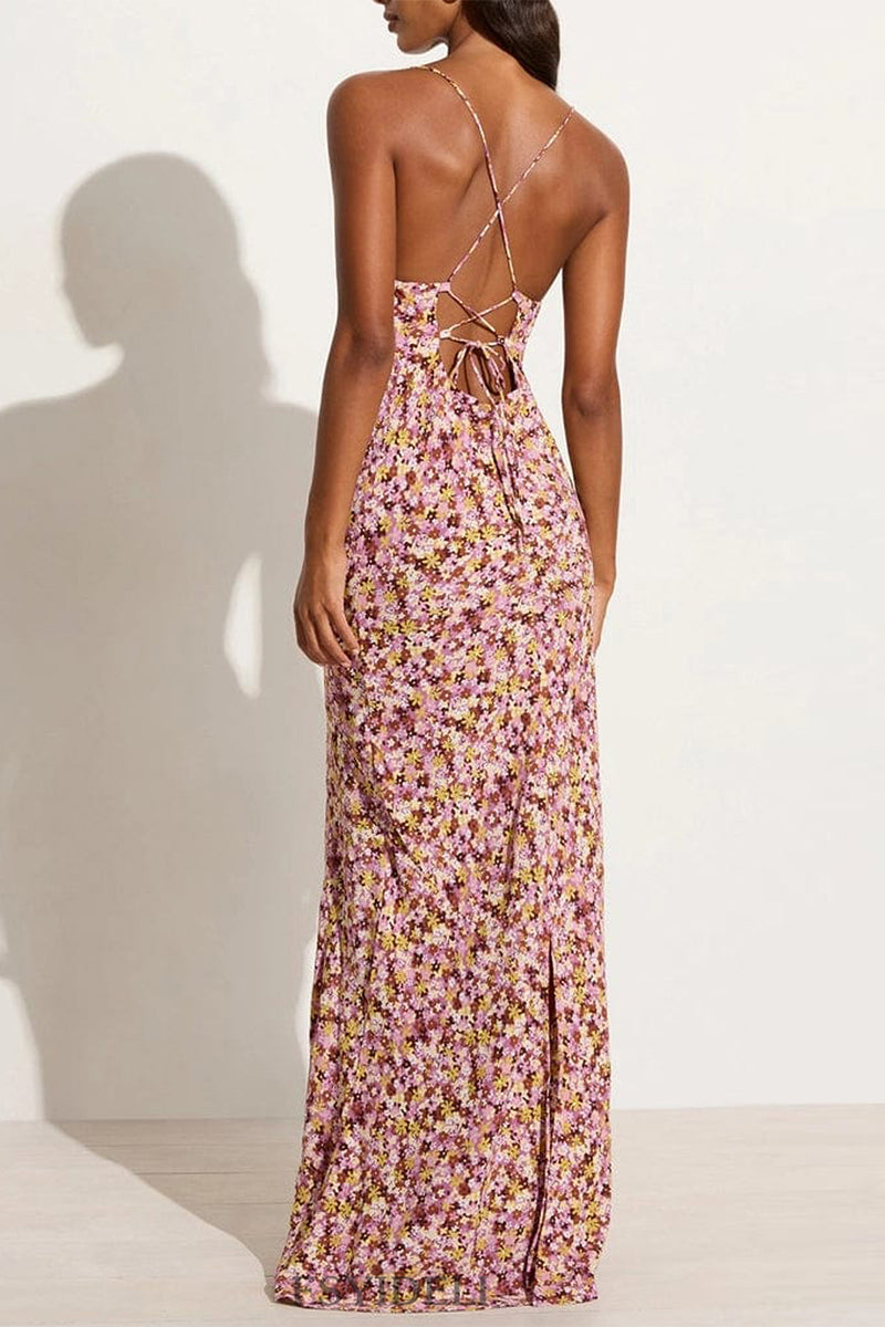 Vestido de falda de un solo paso con escote en U y diseño de tirantes sin espalda con estampado floral vintage sexy
