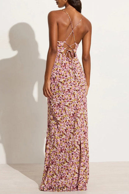Vestido de falda de un solo paso con escote en U y diseño de tirantes sin espalda con estampado floral vintage sexy