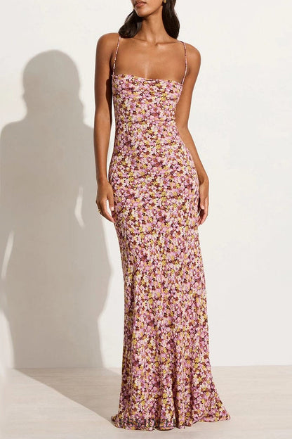 Vestido de falda de un solo paso con escote en U y diseño de tirantes sin espalda con estampado floral vintage sexy